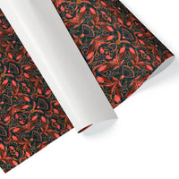 Rolled gift wrap with ornate red and gold floral damask pattern on dark green background, illustrated by Lisel Ashlock.