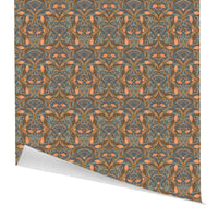 Ornate damask gift wrap with orange tulips and fan motifs on teal background, illustrated by Lisel Ashlock.