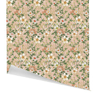 Rolled gift wrap featuring a pink background with white and orange anemones, green leaves, and tan floral clusters. Illustrated by Lisel Ashlock.