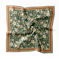 Anemone Lake Blue silk cotton scarf with white and coral flowers on dark green background, displayed open. Illustrated by Lisel Ashlock.