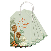 A fan of mint green gift tags with botanical illustrations and "For You" text, illustrated by Lisel Ashlock.