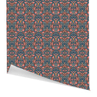 Ornate damask gift wrap with coral and teal fan motifs and floral details. Illustrated by Lisel Ashlock.