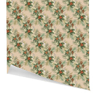 Repeating festive pattern of holly berries, evergreen branches, pinecones, and hares on blush background gift wrap. Illustrated by Lisel Ashlock.