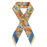 Marigold floral print silk twilly scarf with blue, orange, and gold flowers and teal striped tail ends. Illustrated by Lisel Ashlock.