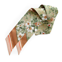 Silk twill twilly scarf with white anemone flowers on sage green, coral trim. Illustrated by Lisel Ashlock.