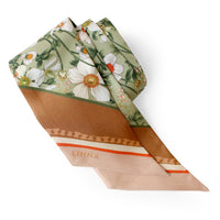 Silk twill twilly scarf featuring white anemone flowers with green stems on cream and tan striped background. Illustrated by Lisel Ashlock.