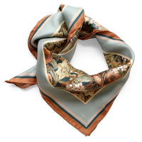 Midnight Hellebore silk twill scarf in sage green and rust with botanical floral print, illustrated by Lisel Ashlock.