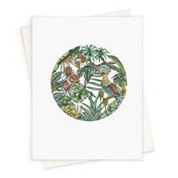 A circular botanical illustration featuring a colorful hoopoe bird among tropical plants and flowers. Illustrated by Lisel Ashlock.