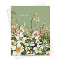 A thank you greeting card featuring white anemones with golden centers and seed pods on a sage green background. Illustrated by Lisel Ashlock.