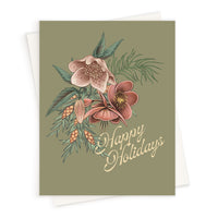 Greeting card with illustrated hellebore flowers and greenery on sage background with "Happy Holidays" text. Illustrated by Lisel Ashlock.