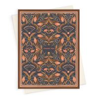 A thank you greeting card with an ornate dark damask pattern featuring coral flowers and botanical filigree designs. Illustrated by Lisel Ashlock.