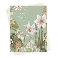 Happy Mother's Day greeting card with white daffodils, snowdrops, and botanical illustrations on sage green background. Illustrated by Lisel Ashlock.