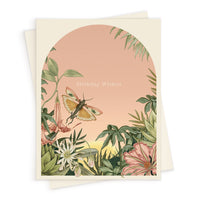 Birthday greeting card with arched frame featuring botanical illustrations, butterfly, and pink flowers on cream background. Illustrated by Lisel Ashlock.