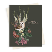 A thank you greeting card featuring an illustrated barn owl perched among wildflowers and a butterfly on a dark background. Illustrated by Lisel Ashlock.