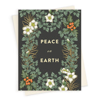 Greeting card with dark background and botanical border featuring white flowers, orange berries, green leaves and gold stems with "PEACE on EARTH" text. Illustrated by Lisel Ashlock.