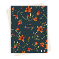 Birthday greeting card with orange flowers and vines on dark teal background. Illustrated by Lisel Ashlock.
