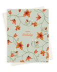 Birthday greeting card with orange flowers and green vines on sage green background. Illustrated by Lisel Ashlock.