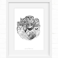 Black and white line drawing of eight different owl species arranged in a circular composition, illustrated by Lisel Ashlock.