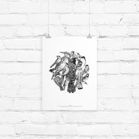 Intricate black and white line drawing of various bird species arranged in a circular composition, illustrated by Lisel Ashlock.