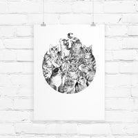 Detailed black and white illustration of multiple cat faces arranged in a circular composition against white brick background. Illustrated by Lisel Ashlock.