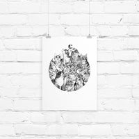 Detailed black and white pen illustration of multiple cat faces arranged in a circular composition. Illustrated by Lisel Ashlock.