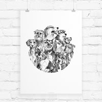 Detailed pen and ink illustration of multiple dog breeds arranged in a circular composition. Illustrated by Lisel Ashlock.