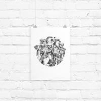 Black and white illustration of nine different dog breeds arranged in a circular composition. Illustrated by Lisel Ashlock.