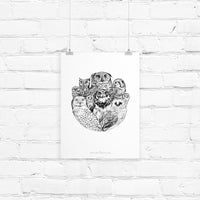 Detailed black and white pen illustration of eight different owl species arranged in a circular composition. Illustrated by Lisel Ashlock.