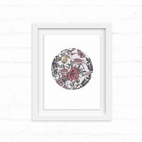 Circular illustration of exotic birds among flowers and foliage in purple and black tones, framed in white. Illustrated by Lisel Ashlock.