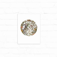 A circular illustration featuring a guereza monkey among botanical elements including flowers, leaves, and a chameleon, illustrated by Lisel Ashlock.