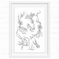 Delicate pen sketch of floating seaweed and sea plants with flowing tendrils and organic shapes. Illustrated by Lisel Ashlock.