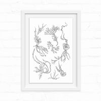 Detailed pencil sketch of fantastical sea creatures and underwater plants arranged vertically in a white frame. Illustrated by Lisel Ashlock.