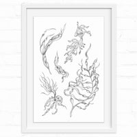 Delicate pencil sketch of stylized seaweed and sea plants swaying in ocean currents. Illustrated by Lisel Ashlock.