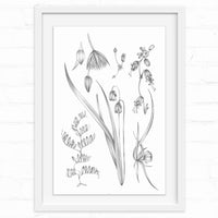 Botanical sketch illustration of wildflowers and grasses with delicate line drawings in a white frame. Illustrated by Lisel Ashlock.