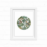 A circular illustration of a hoopoe bird among tropical flowers and green foliage in a white frame. Illustrated by Lisel Ashlock.
