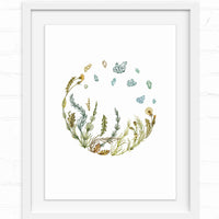 Watercolor illustration of herbs and wildflowers arranged in a circular wreath with blue-green crystals floating above, by Lisel Ashlock.