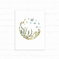 Watercolor illustration of herbs and wildflowers arranged in a circular wreath with floating leaves above, Illustrated by Lisel Ashlock.