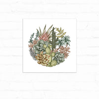 A circular arrangement of desert succulents, cacti, and flowering plants in muted earth tones. Illustrated by Lisel Ashlock.