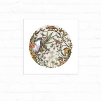 A circular illustration of a guereza monkey surrounded by botanical elements and wildlife on a white background. Illustrated by Lisel Ashlock.