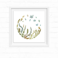 Watercolor illustration of herbs and crystals arranged in a circular wreath design. Illustrated by Lisel Ashlock.