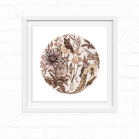 Circular illustration of owls and birds among flowers and botanicals in sepia tones. Illustrated by Lisel Ashlock.