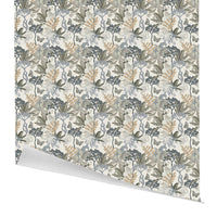 Repeating botanical pattern with birds, butterflies, and flowering plants in sage green, tan, and blue tones on gift wrap. Illustrated by Lisel Ashlock.