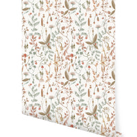 Sonoma Wallpaper in white featuring botanical illustrations of wildflowers and dried plants. Illustrated by Lisel Ashlock.