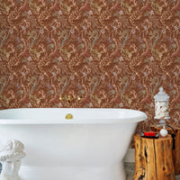 Luxurious bathroom with ornate Atoll Wallpaper in sienna tones, white soaker tub, and wooden accessories. Illustrated by Lisel Ashlock.