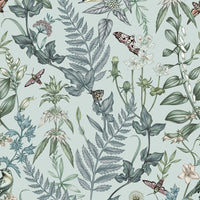Illustrated wallpaper pattern with botanical plants, ferns, flowers, birds and butterflies on robin egg blue background by Lisel Ashlock.
