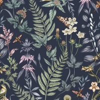 Secret Garden Wallpaper featuring wildflowers, herbs, birds, and butterflies on dark background. Illustrated by Lisel Ashlock.