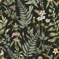 Botanical wallpaper with wildflowers, ferns, birds and butterflies on dark background. Illustrated by Lisel Ashlock.