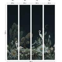 Four vertical panels of a mural featuring nocturnal garden scenes with herons, flowers, and a crescent moon. Illustrated by Lisel Ashlock.