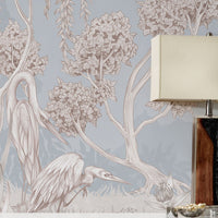 Night Heron Mural in Mist featuring elegant herons and flowering trees in soft taupe tones, illustrated by Lisel Ashlock.