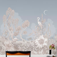 Night Heron Mural in mist tones with botanical garden and crescent moon, illustrated by Lisel Ashlock.